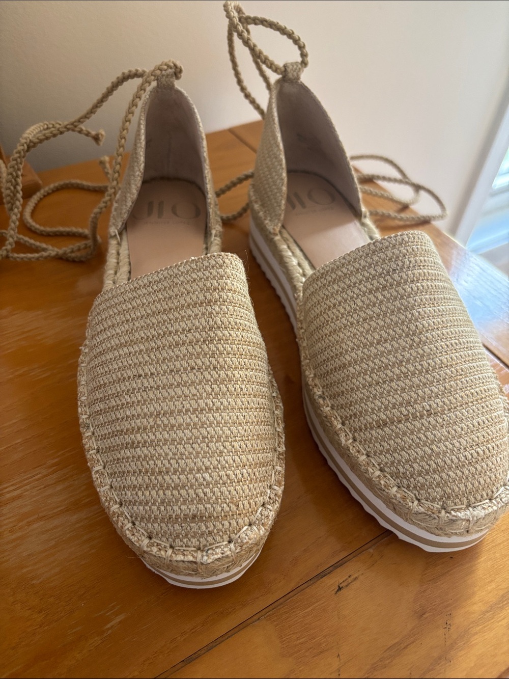 JLO - Woven Espadrille Platform Lace-Up Flats - Gold / Beige